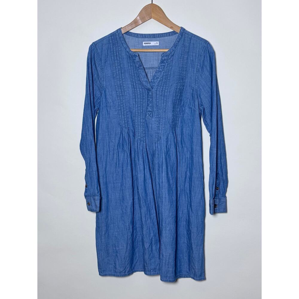Sonoma Chambray Denim‎ Cotton Pintuck Dress Medium Petite 100% cotton
